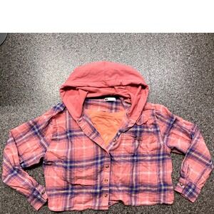 SO Pink Purple Plaid Cropped Hooded Flannel Shirt Womens Large Button Front L